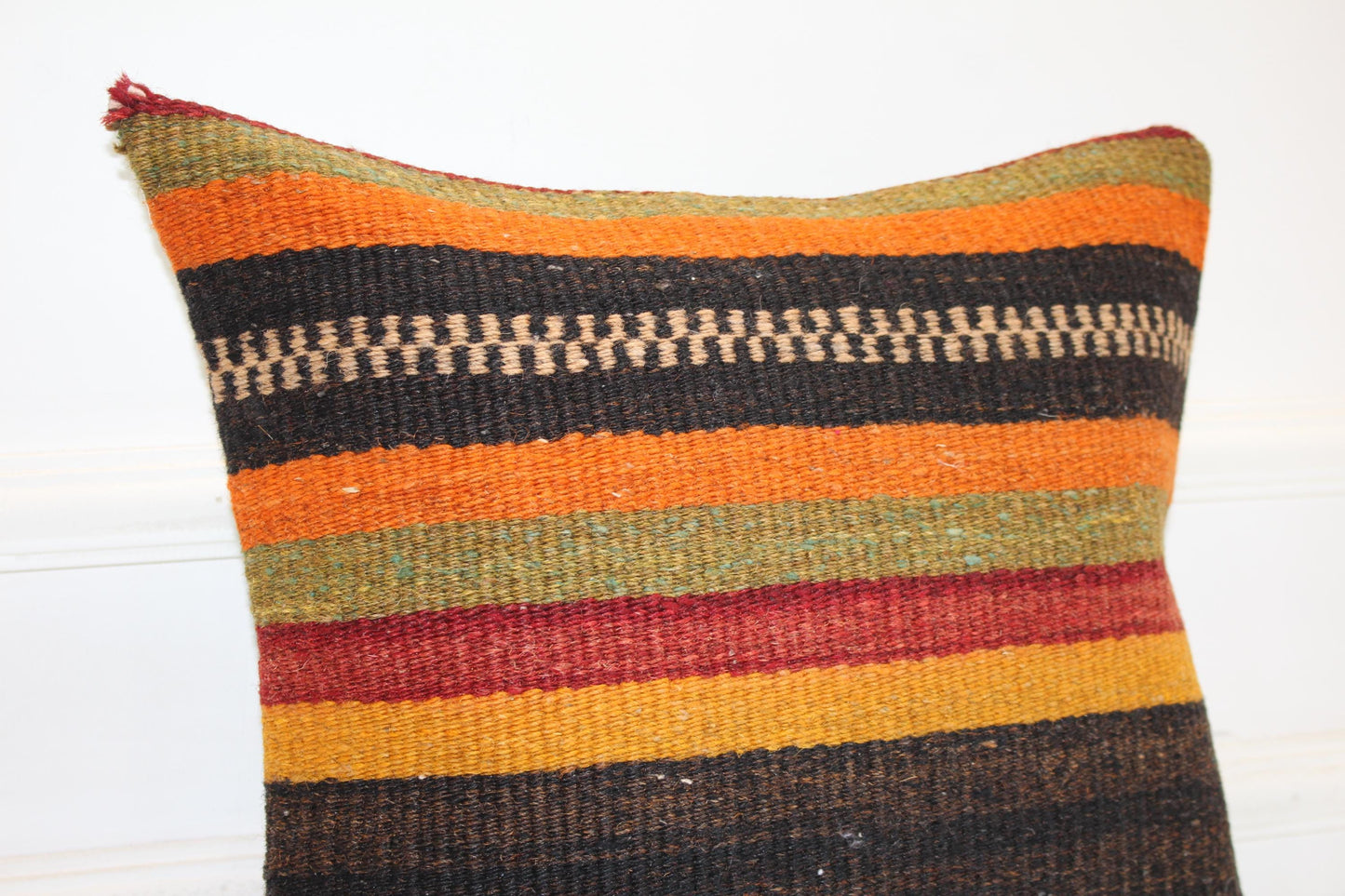 Striped Kilim Cushion, Boho Ethnic Decor, Handmade Anatolian Rug Pillow(16x16 in)