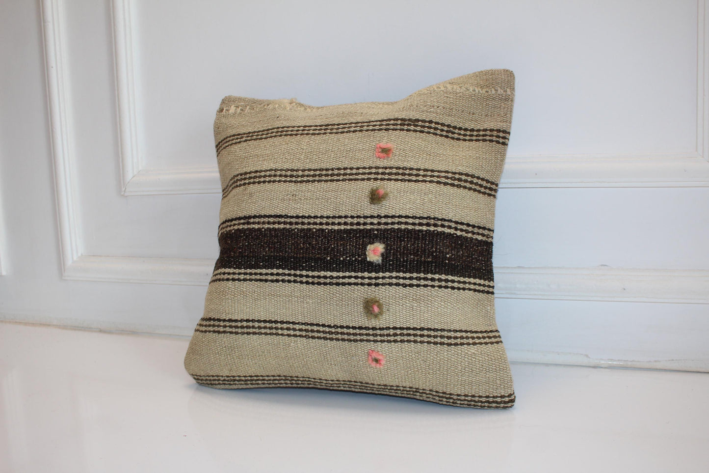 Minimal Striped Kilim Cushion, Neutral Boho Decor with Pink Details, Handmade Anatolian Rug Pillow(16x16 in)