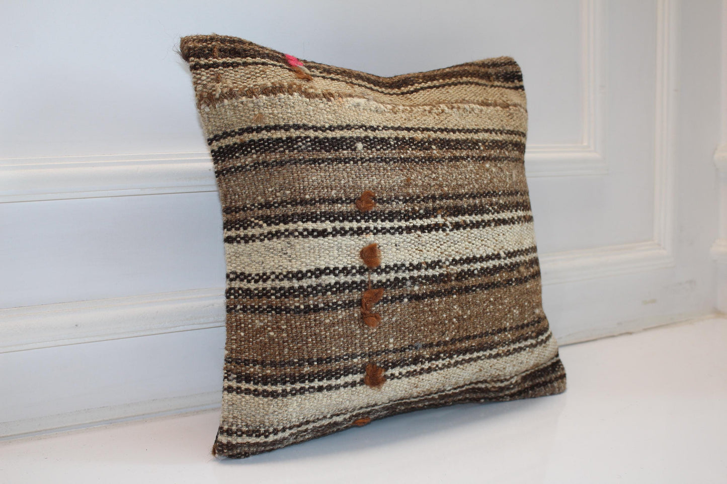 Striped Neutral Kilim Cushion, Rustic Earth Tone Boho Decor, Handmade Anatolian Rug Pillow(16x16 in)