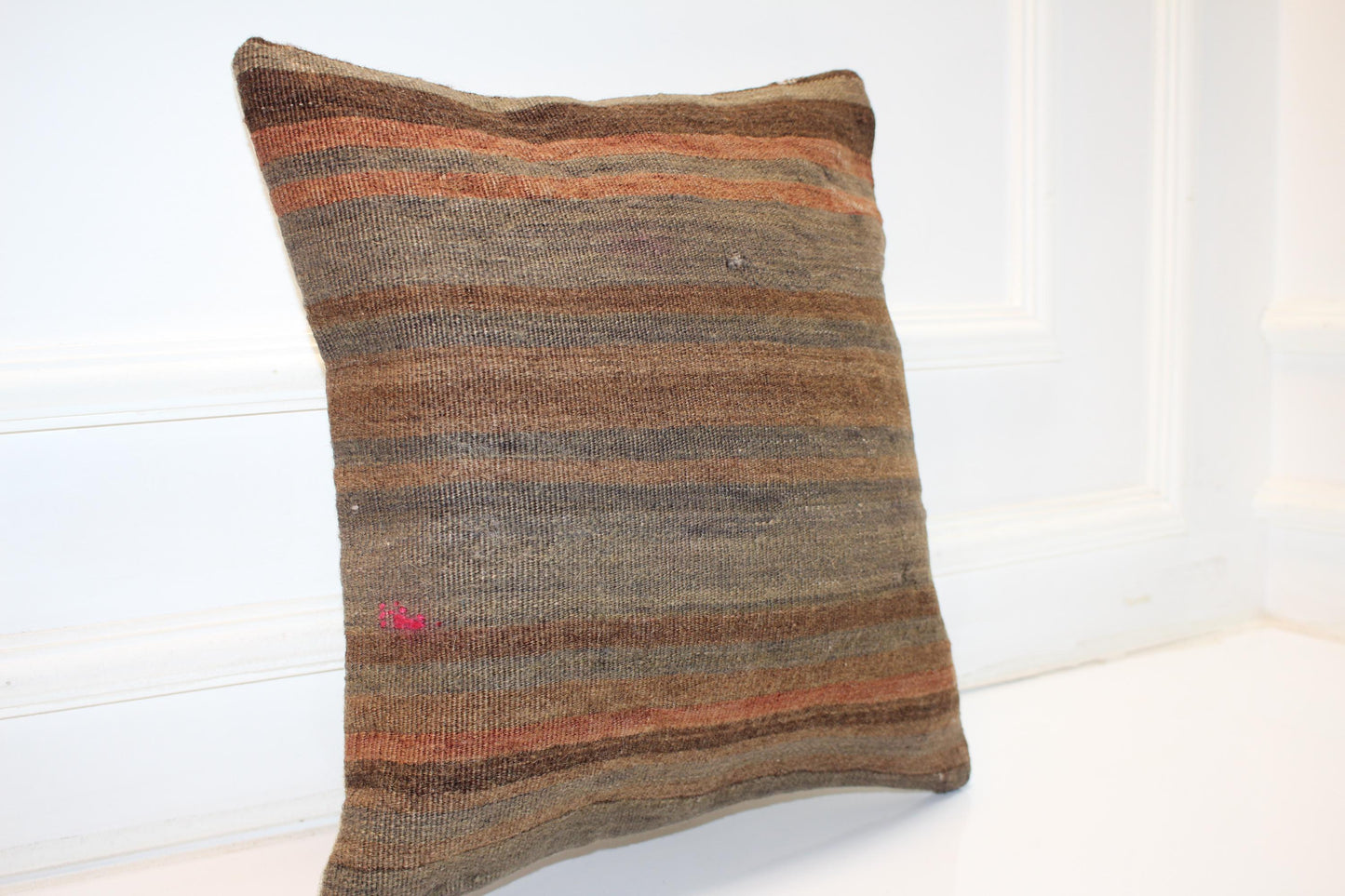 Striped Kilim Pillow Cover, Earth Tone Woven Rug, Boho Decor (16x16 in)