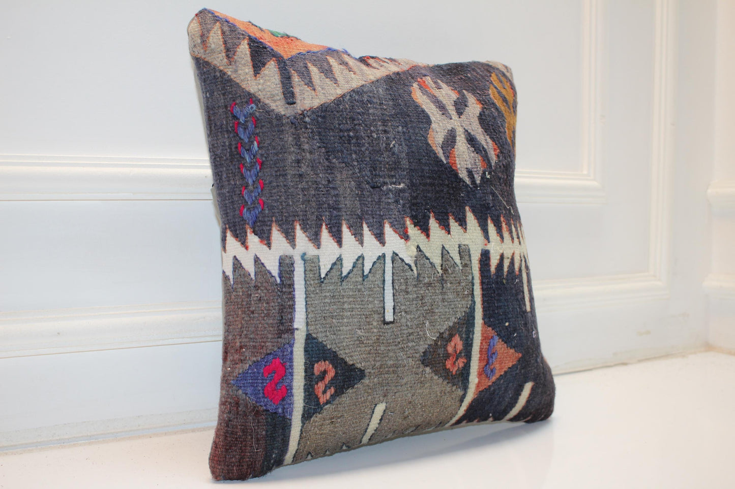 Handwoven Anatolian Rug Cushion, Tribal Boho Decor, Dark Earth Tone Sofa Pillow, 16x16