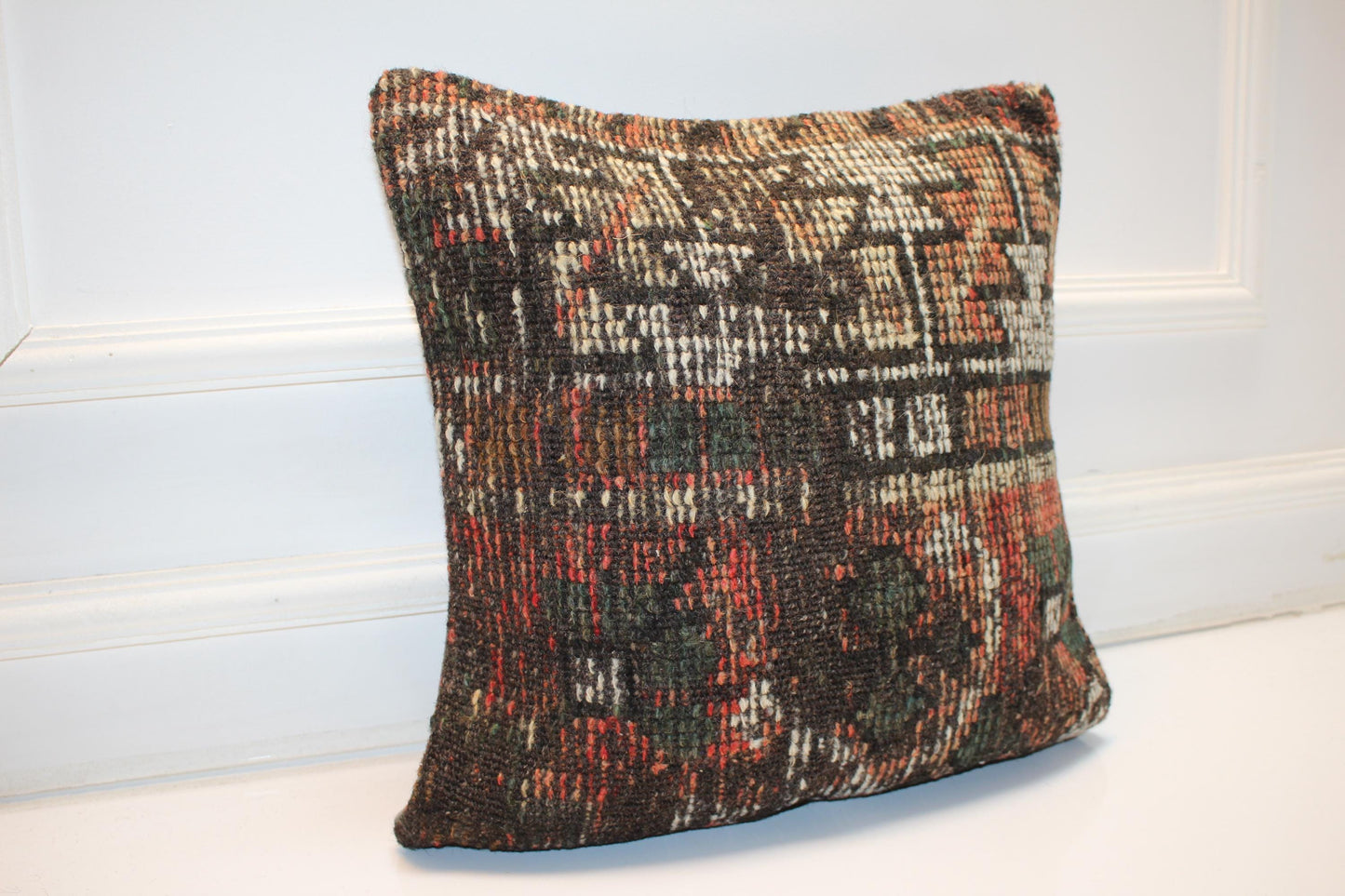 Handwoven Anatolian Pillow Cover, Geometric Earth Tone Rug Cushion (16x16 in)
