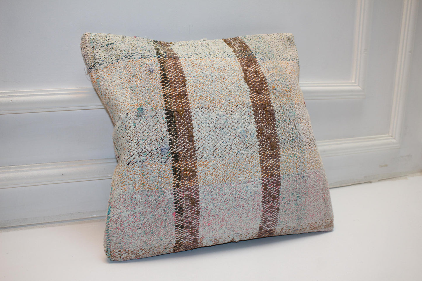 Striped Kilim Pillow Cover, Neutral Boho Decor (16x16 in)