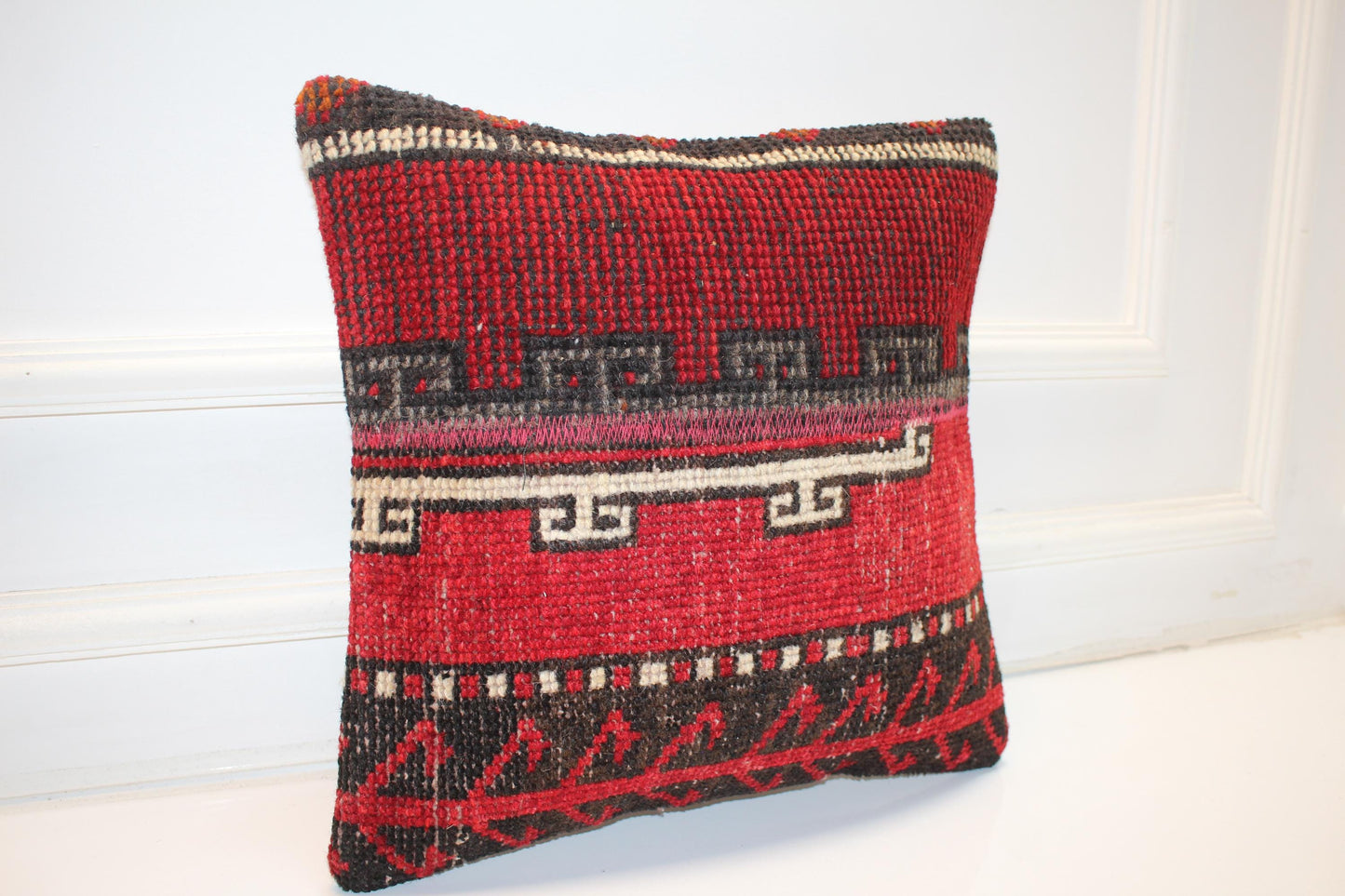 Vintage Turkish Kilim Pillow Cover, Red Tribal Woven Rug Cushion (16x16 in)