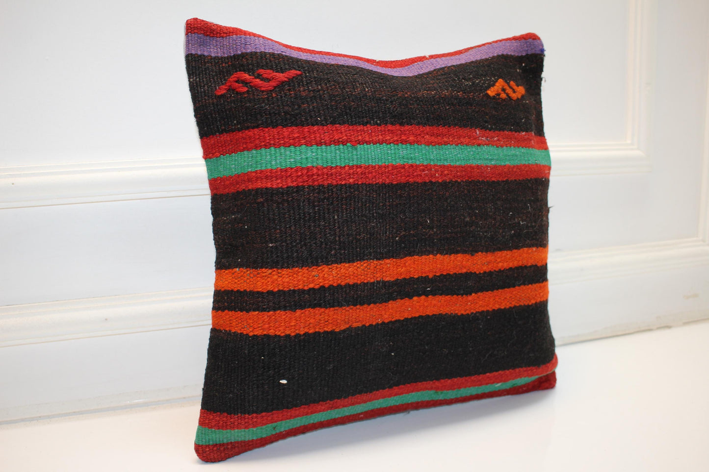 Handmade Turkish Kilim Pillow Cover, Black Striped Wool Cushion (16x16 in)