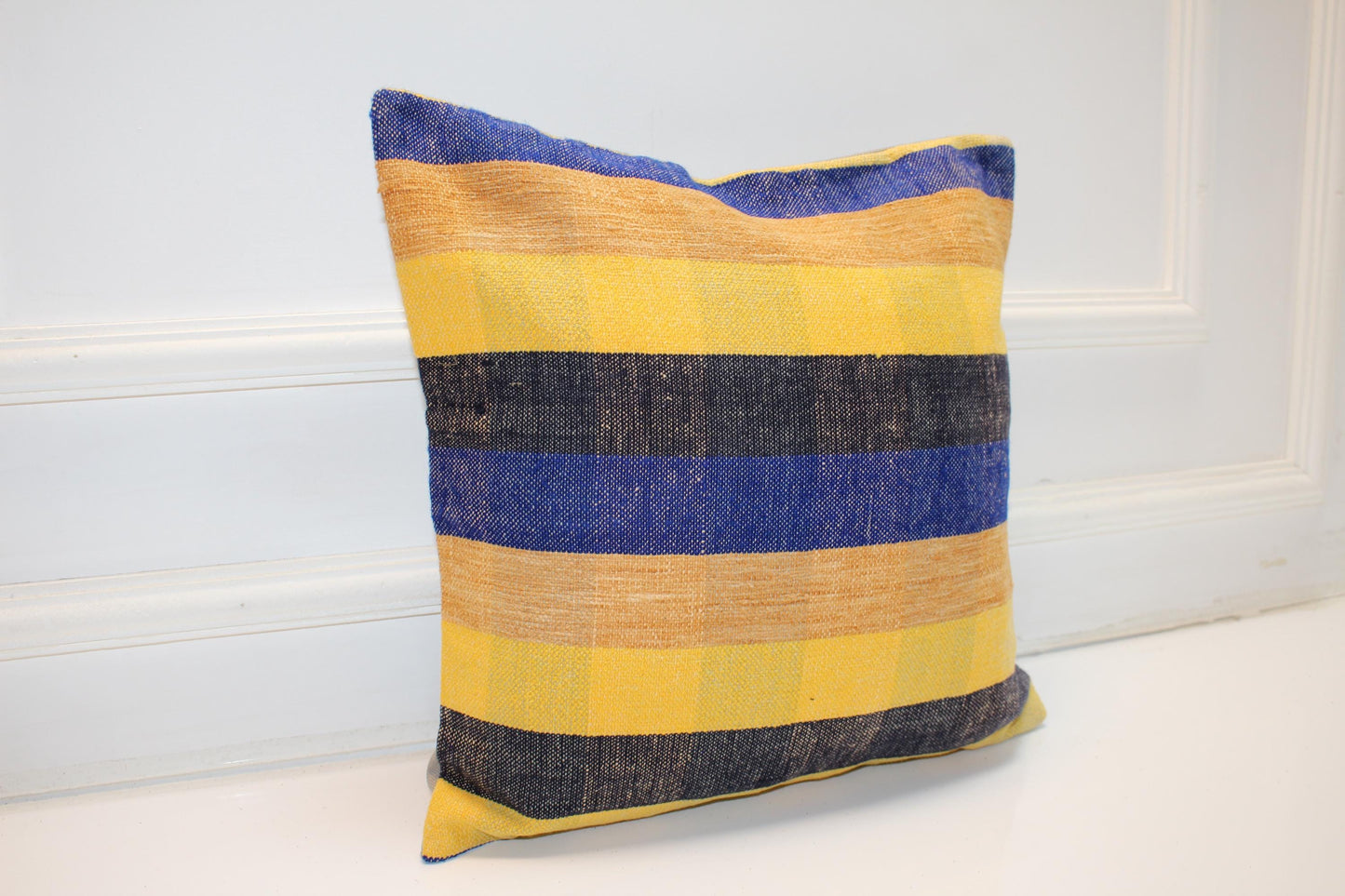 Blue Yellow Striped Cushion, Handmade Anatolian Rug Pillow, Modern Boho Home Decor(16x16 in)