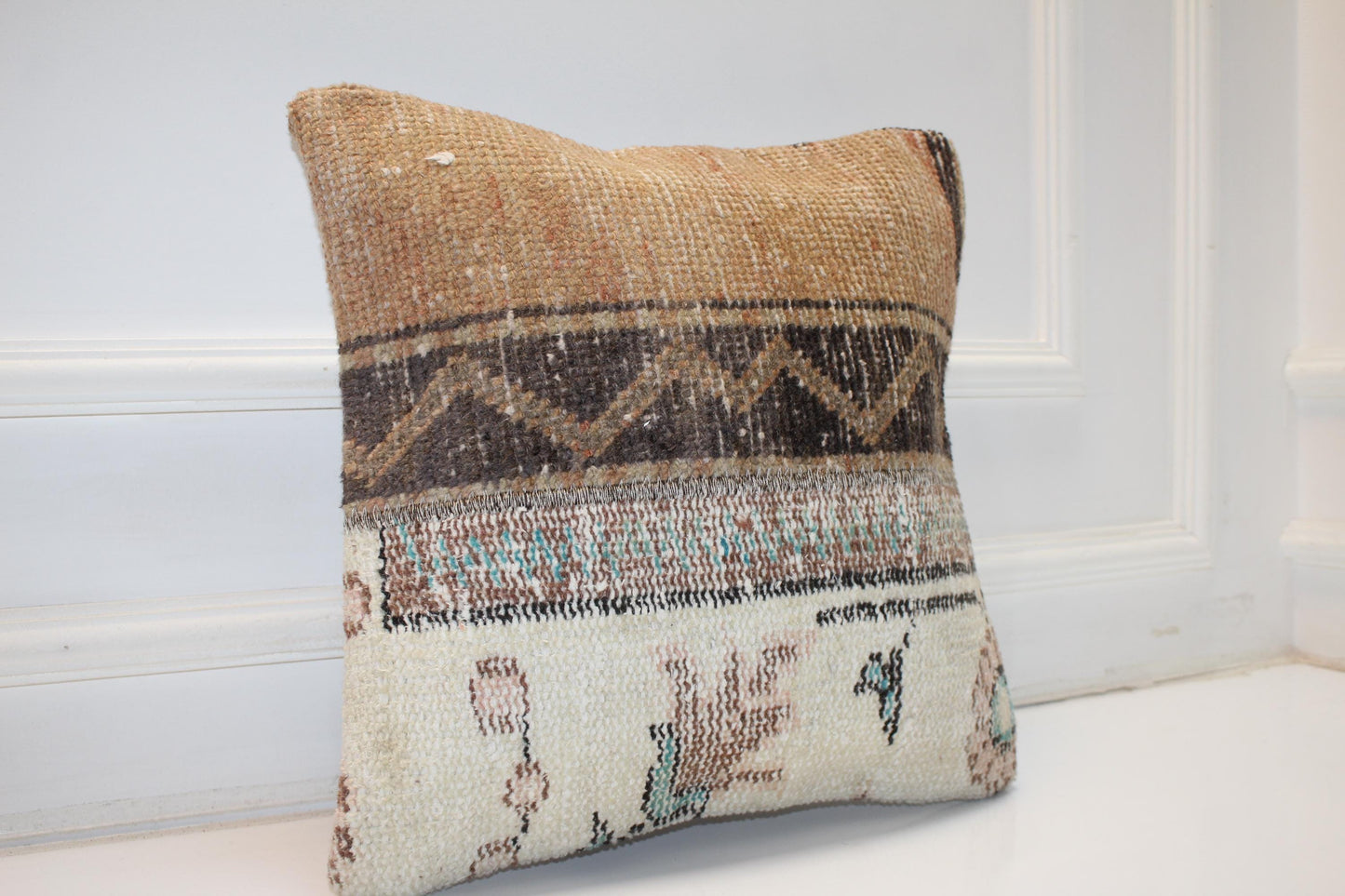 Neutral Tribal Patchwork Cushion, Earth Washed Textile, Organic Boho Home Accent(16x16 in)