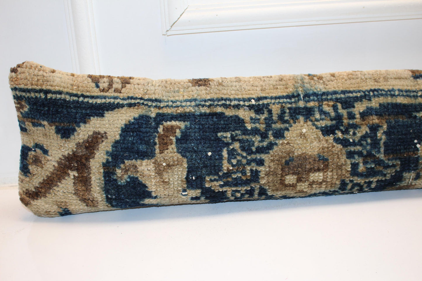 Blue Beige Floral Boho Bench Cushion, Handwoven Anatolian Rug Pillow