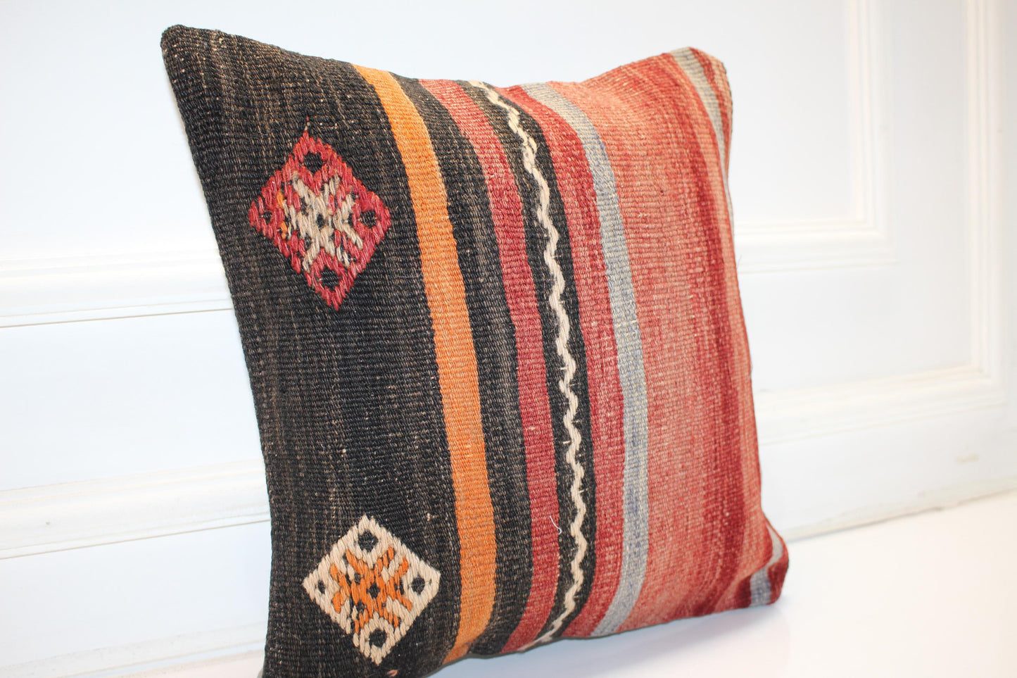 Tribal Stripe Boho Cushion, Handwoven Anatolian Accent Pillow, Warm Rustic Home Decor(16x16 in)
