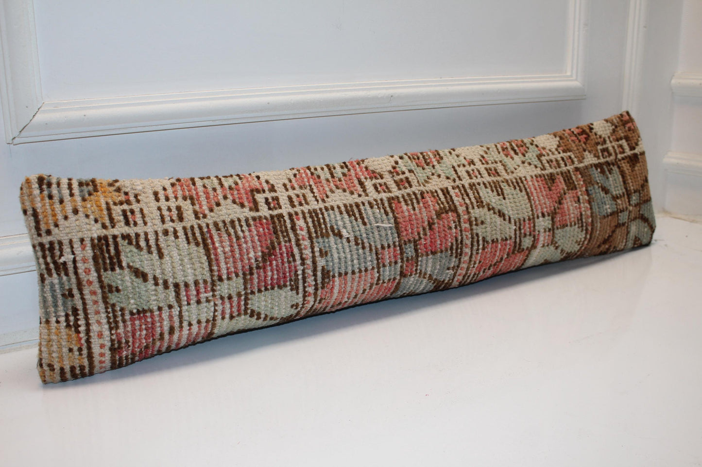 Pastel Coral Sage Geometric Rug Cushion, Boho Long Decorative Pillow