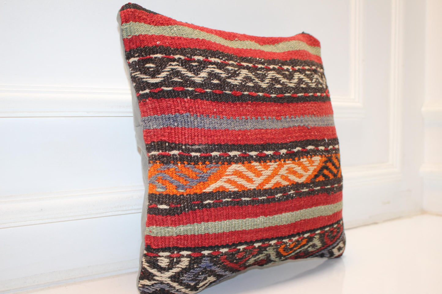 Handwoven Anatolian Rug Cushion, Striped Tribal Boho Decor, Rustic Ethnic Sofa Accent(16x16 in)