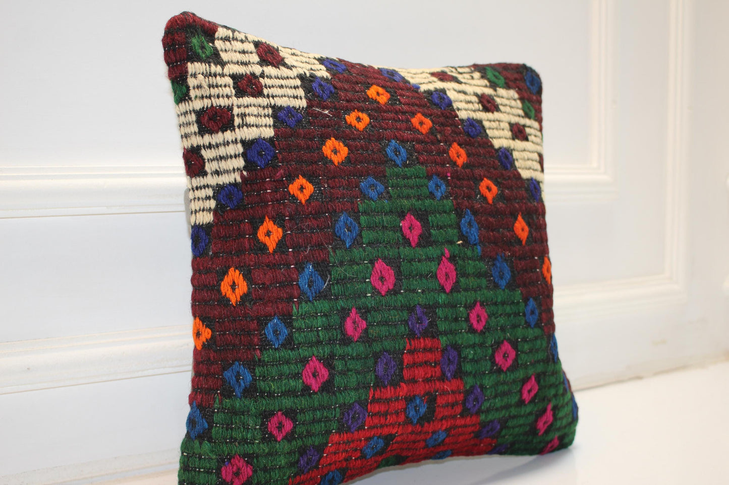 Handwoven Anatolian Rug Cushion, Colorful Geometric Tribal Design, Boho Ethnic Home Decor(16x16 in)