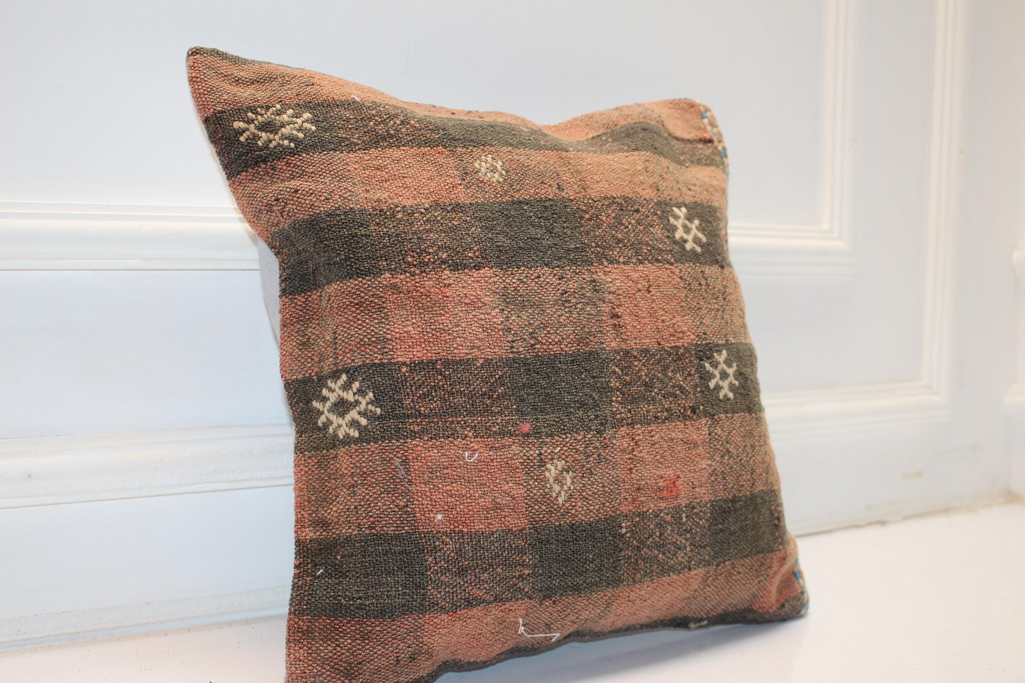 Handwoven Kilim Pillow Cover, Striped Turkish Rug Cushion (16x16 in)