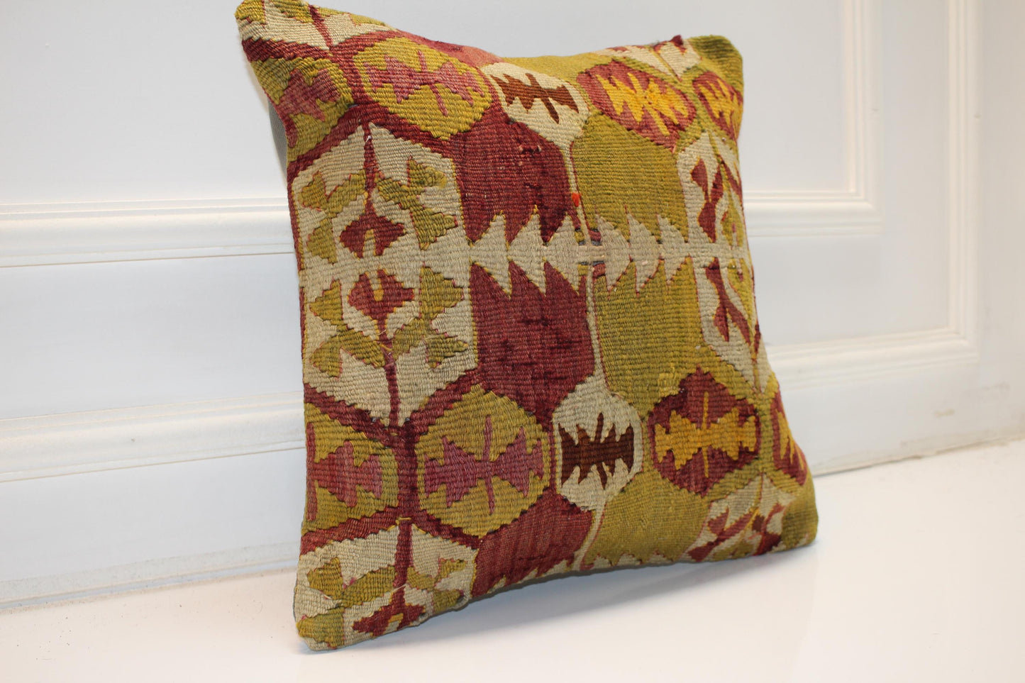 Handwoven Anatolian Rug Cushion, Boho Ethnic Decor, Rustic Sofa Accent, 16x16