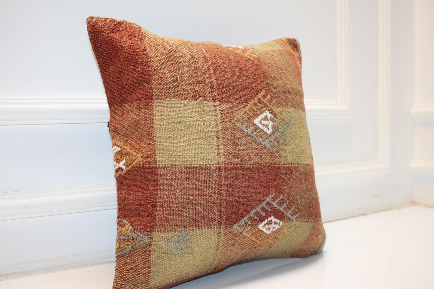 Patchwork Anatolian Cushion, Earth Tone Tribal Motifs, Rustic Boho Home Decor(16x16 in)
