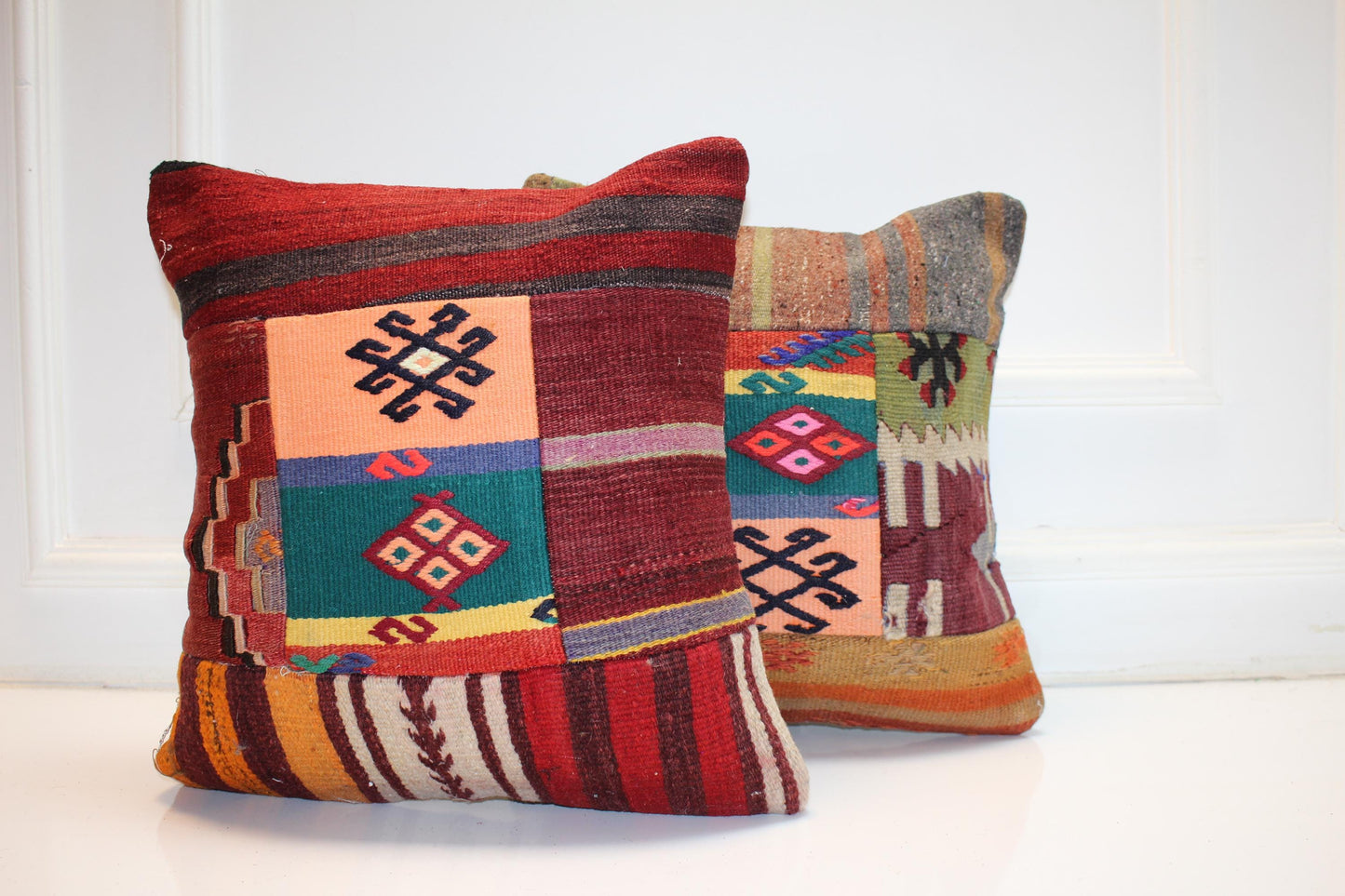Set of 2 Vintage Turkish Kilim Pillow Covers, Boho Rug Cushions (16x16 in)