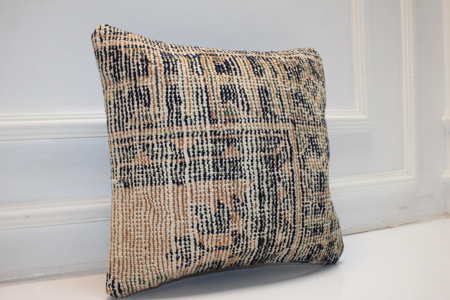 Neutral Beige Black Boho Cushion, Anatolian Pattern Decorative Pillow (16x16 in)