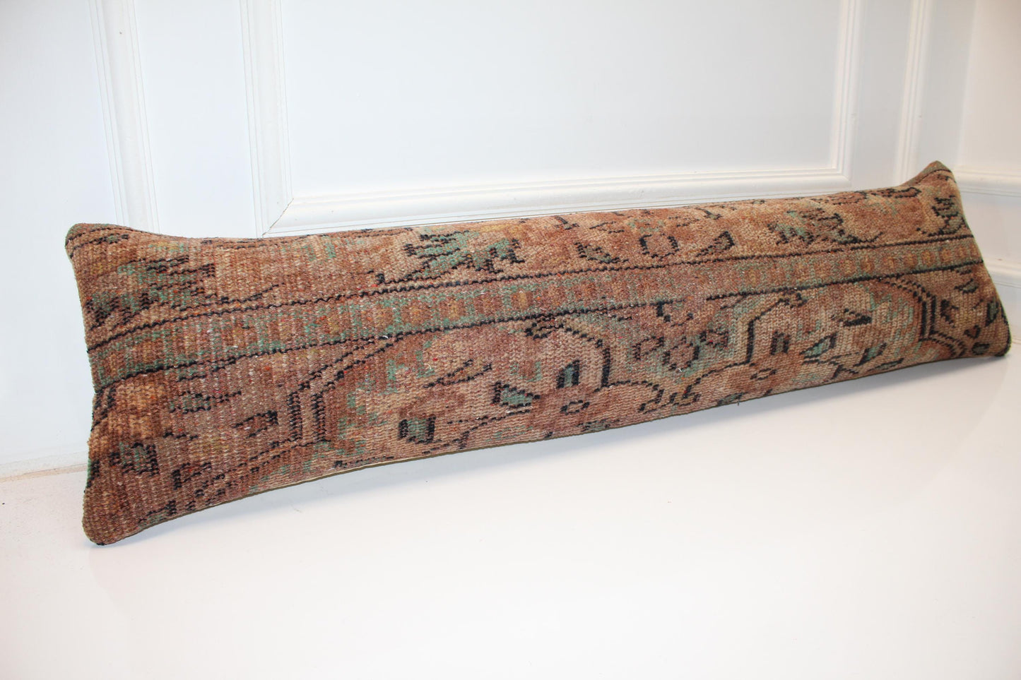Long Earth-Tone Textile Form, Distressed Brown Woven Surface, Elongated Soft Furnishing 12X48