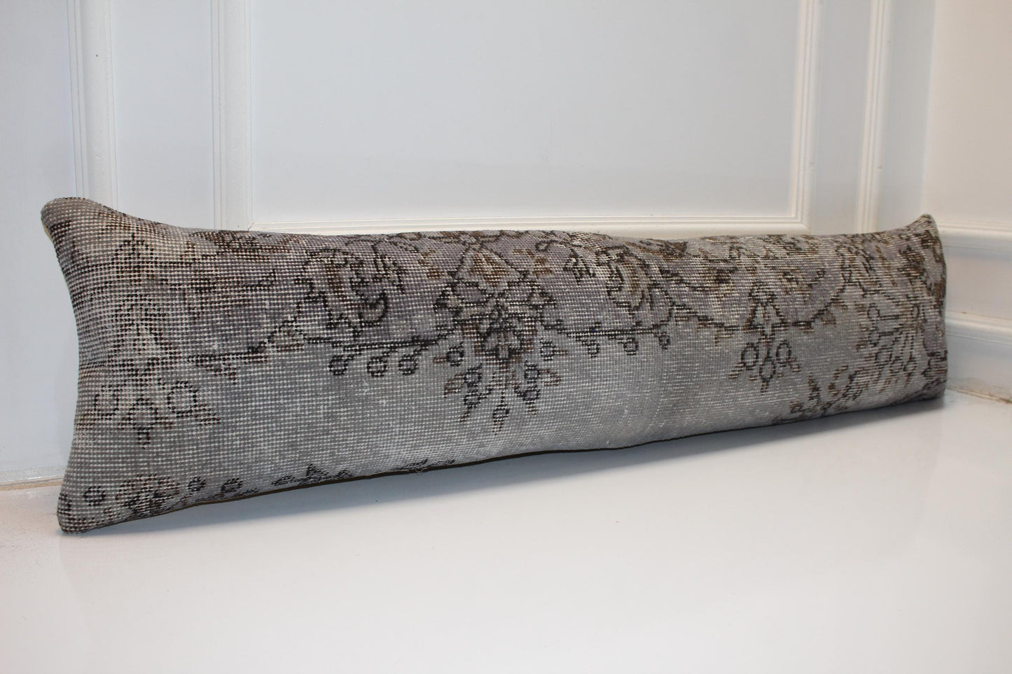Long Grey Woven Piece, Faded Botanical Traces on Ash Base, Horizontal Soft Element 12X48
