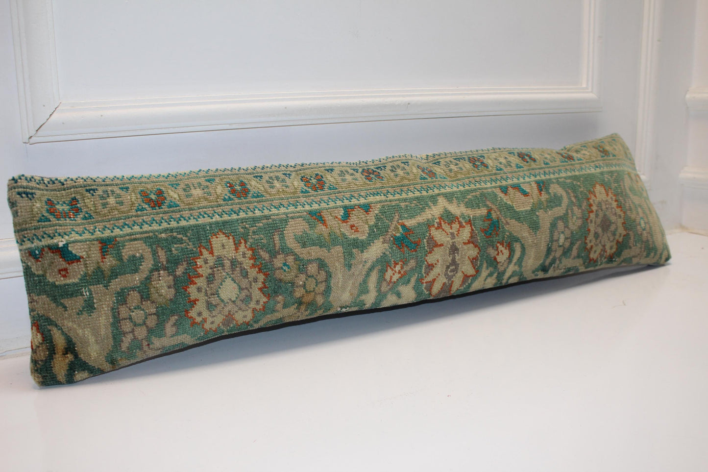 Teal Green Floral Rug Cushion, Antique Style Long Decorative Sofa Pillow