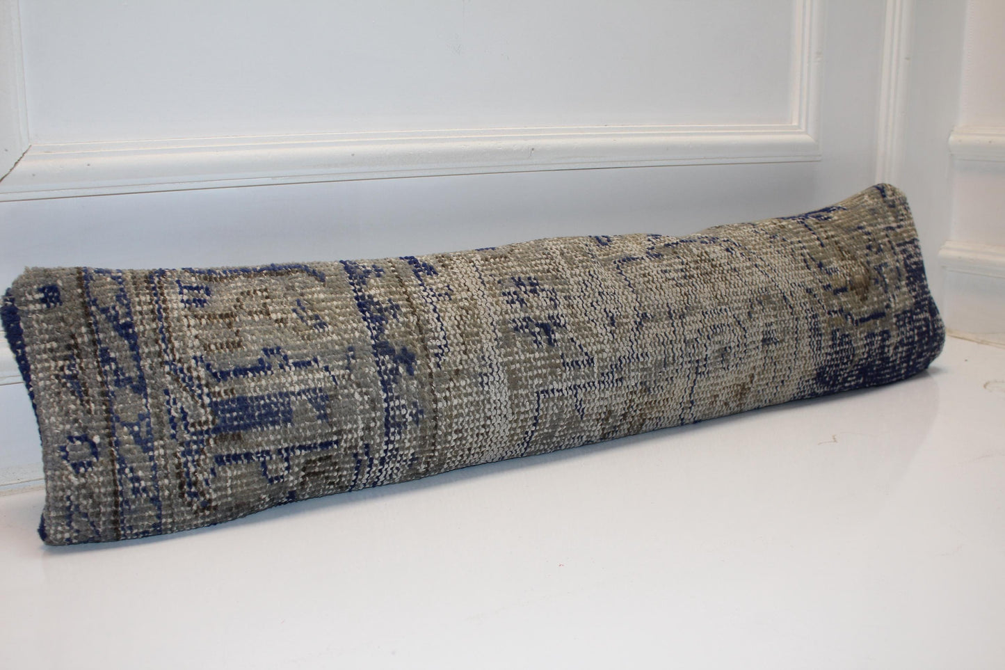 Blue Gray Geometric Rug Cushion, Calm Rustic Long Sofa Pillow