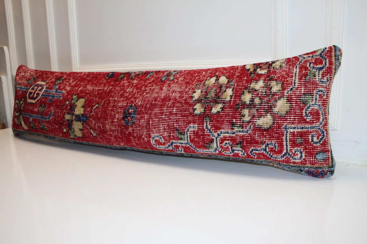 Antique Red Turkish Kilim Lumbar Pillow Cover, Vintage Woven Bench Cushion (12x48 )