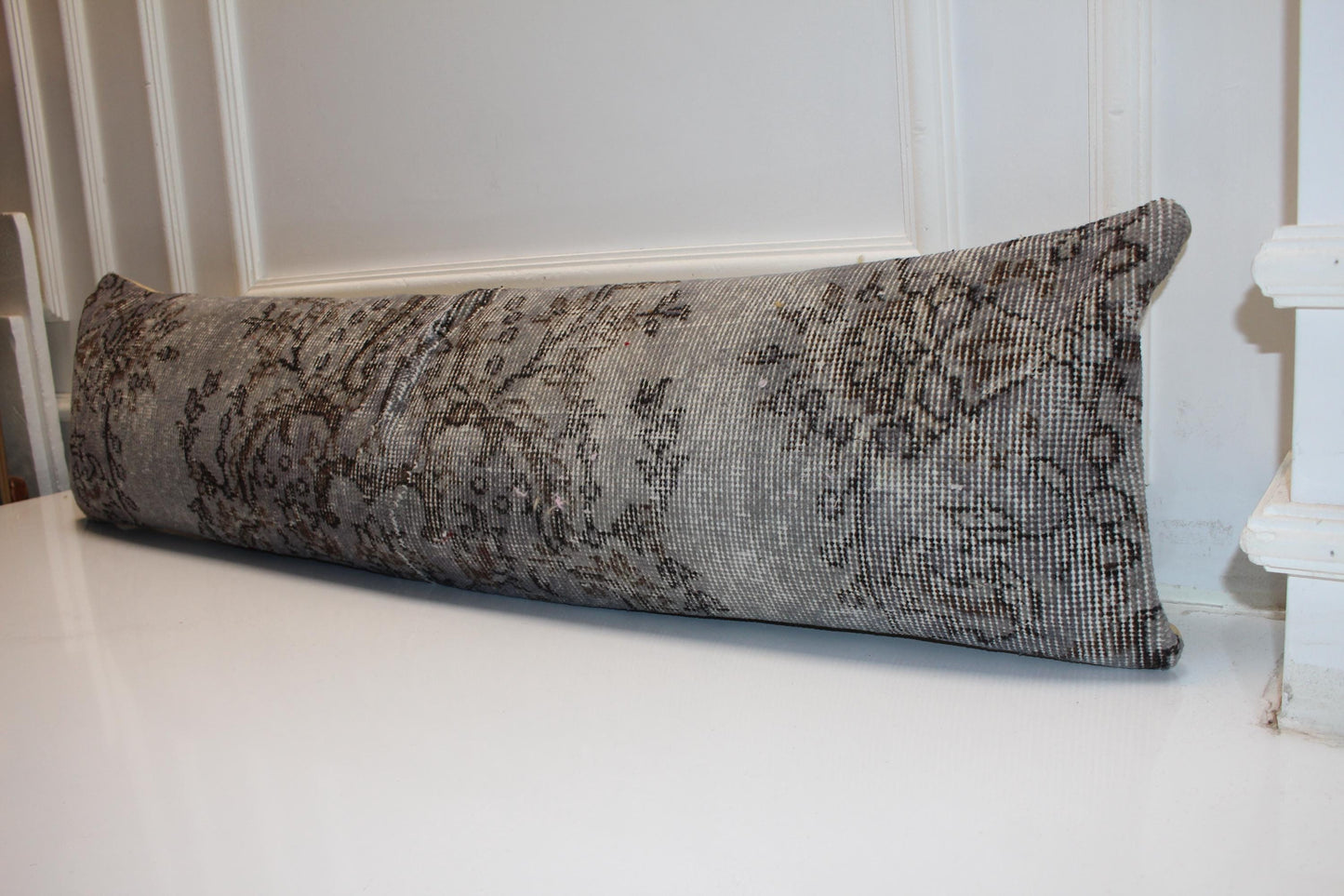 Handmade Gray Turkish Kilim Lumbar Pillow Cover, Upcycled Wool, 12x48