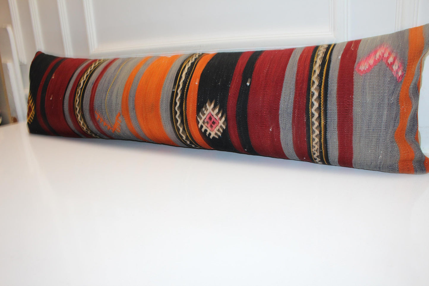 Vintage Turkish Kilim Lumbar Pillow Cover, Boho Bench Cushion 12x48