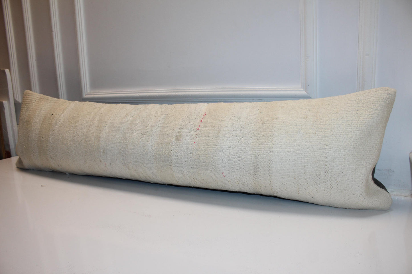 Handmade Cream Kilim Lumbar Pillow Cover, Soft Neutral Bench Cushion 12x48