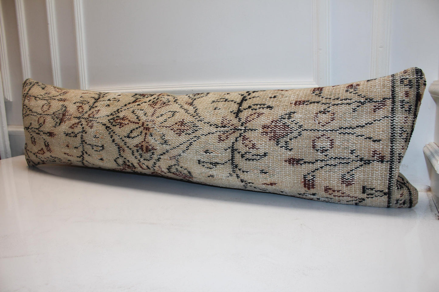 Vintage Turkish Kilim Lumbar Pillow Cover, Neutral Woven Rug Cushion, 12x48