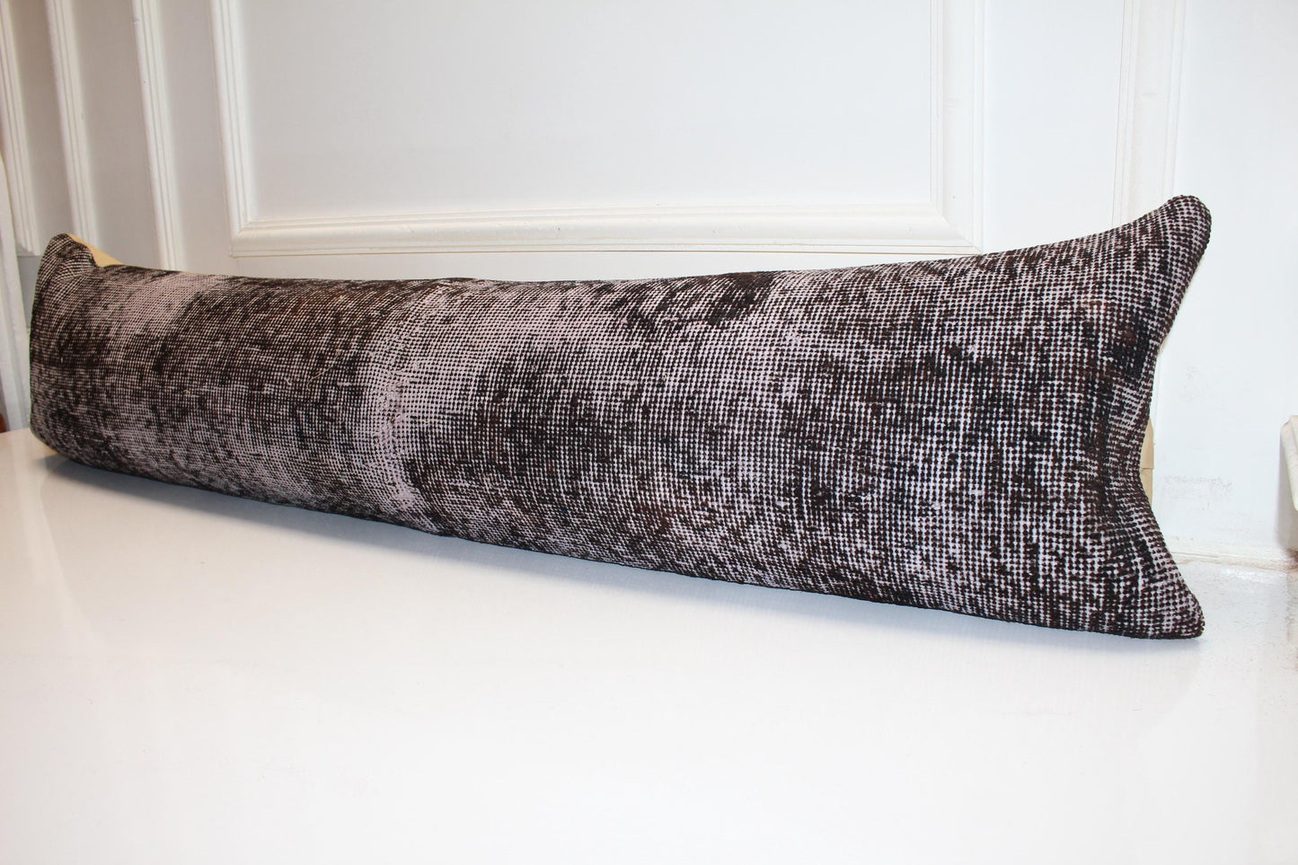 Vintage Turkish Kilim Lumbar Pillow Cover, Dark Brown Boho Cushion 12x48