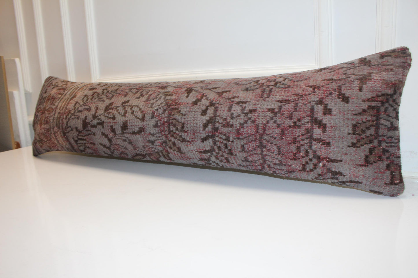 Gray Turkish Kilim Lumbar Pillow Cover, Long Bench Cushion 12x48
