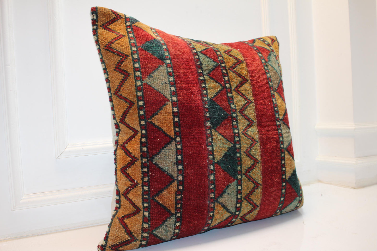 Red & Green Striped Geometric Boho Cushion | Summer- Winter Garden Decor 27x27 ınch