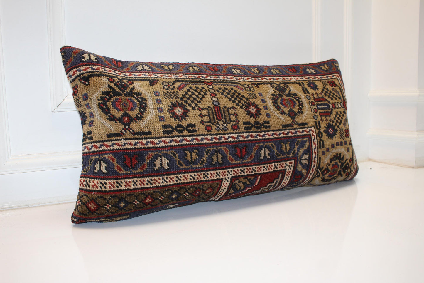 Vintage Turkish Kilim Lumbar Pillow Cover | Beige Woven Rug Cushion