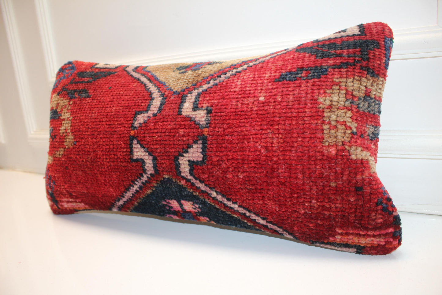Handmade Kilim Pillow Cover 12x24 Rich Red Tribal Boho Cushion Upcycled Rug Accent