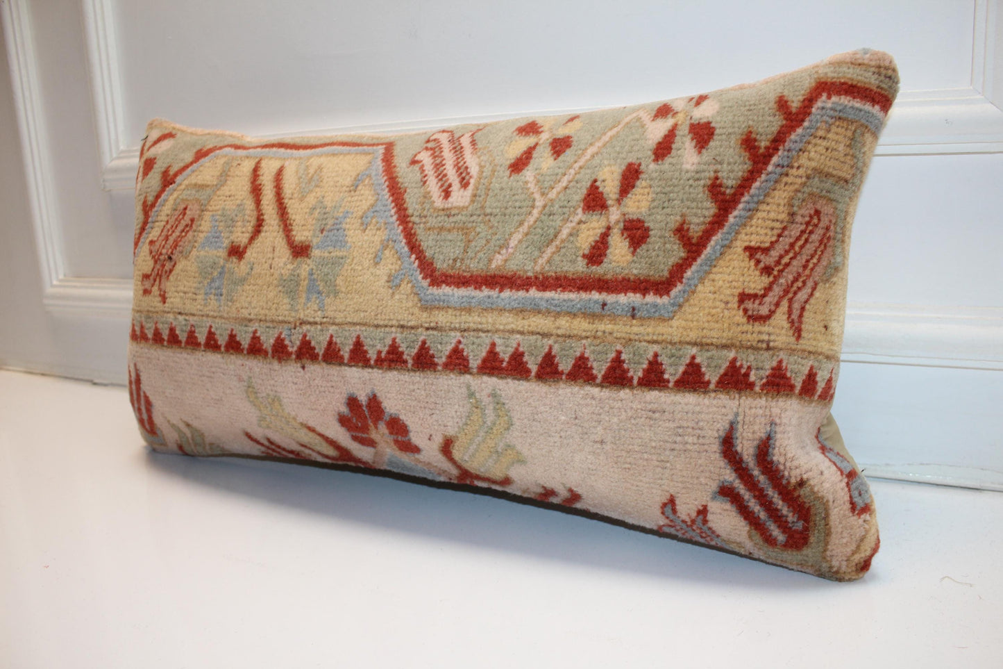 Romantic Vintage Kilim Lumbar Pillow 12x24 Soft Beige Red Boho Cushion Cover Anatolian Accent