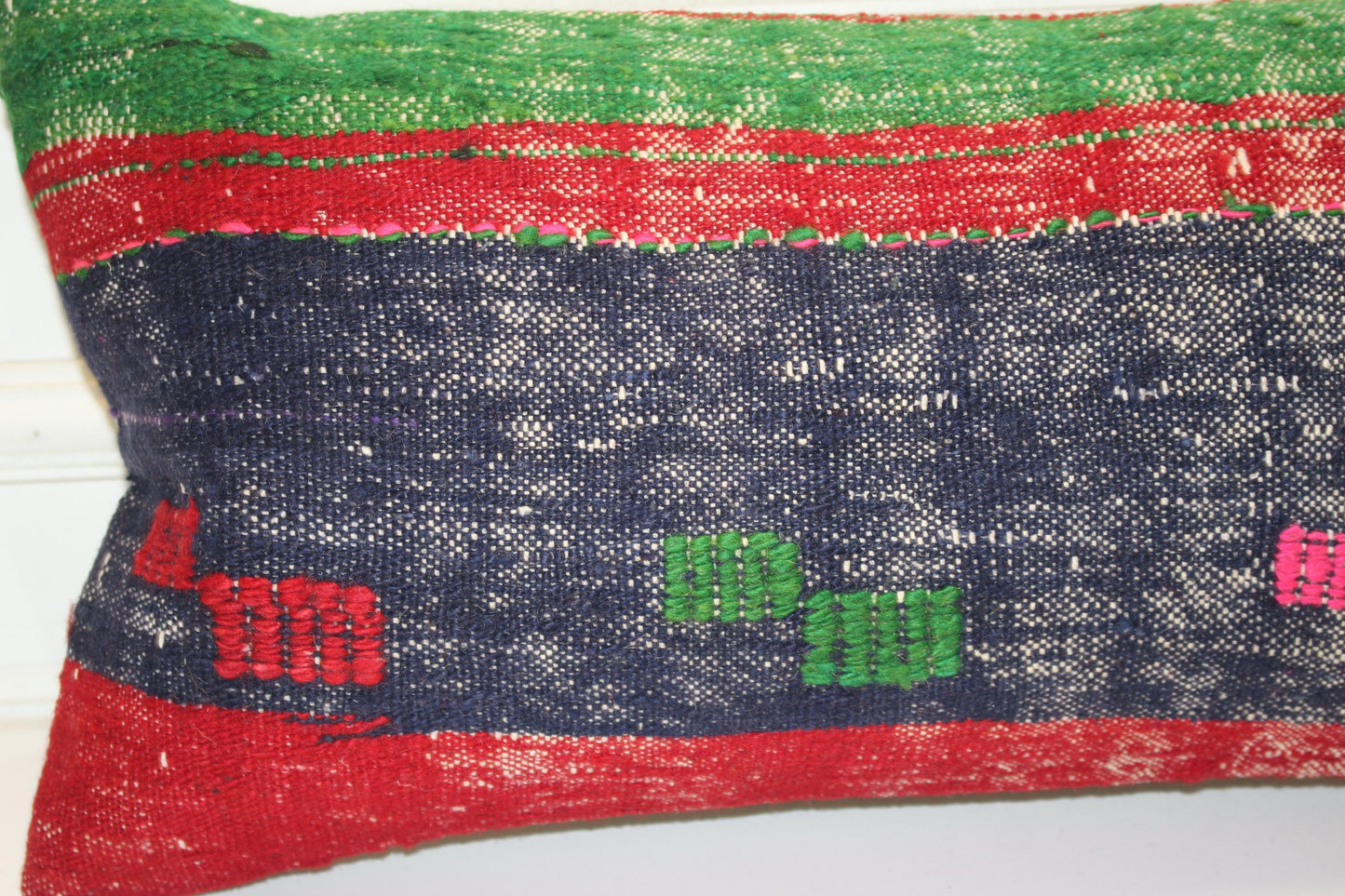 Handmade Kilim Pillow Cover 12x24: Upcycled Wool Boho Cushion Navy Red Green Tribal Accent
