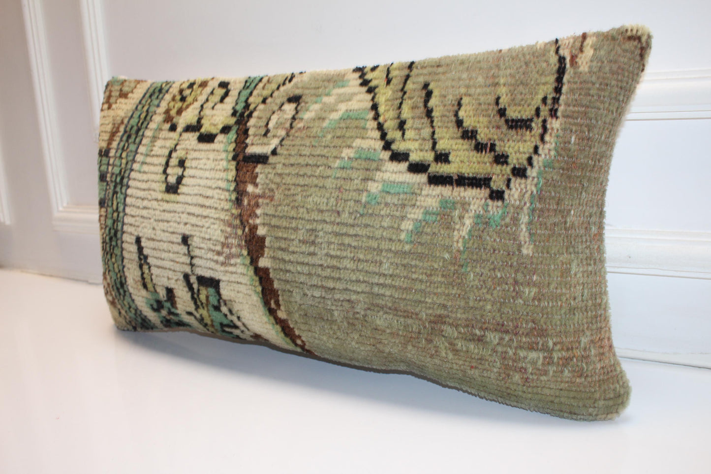 Vintage Turkish Rug Lumbar Pillow Cover 12x24 Sage Green Olive Kilim Cushion