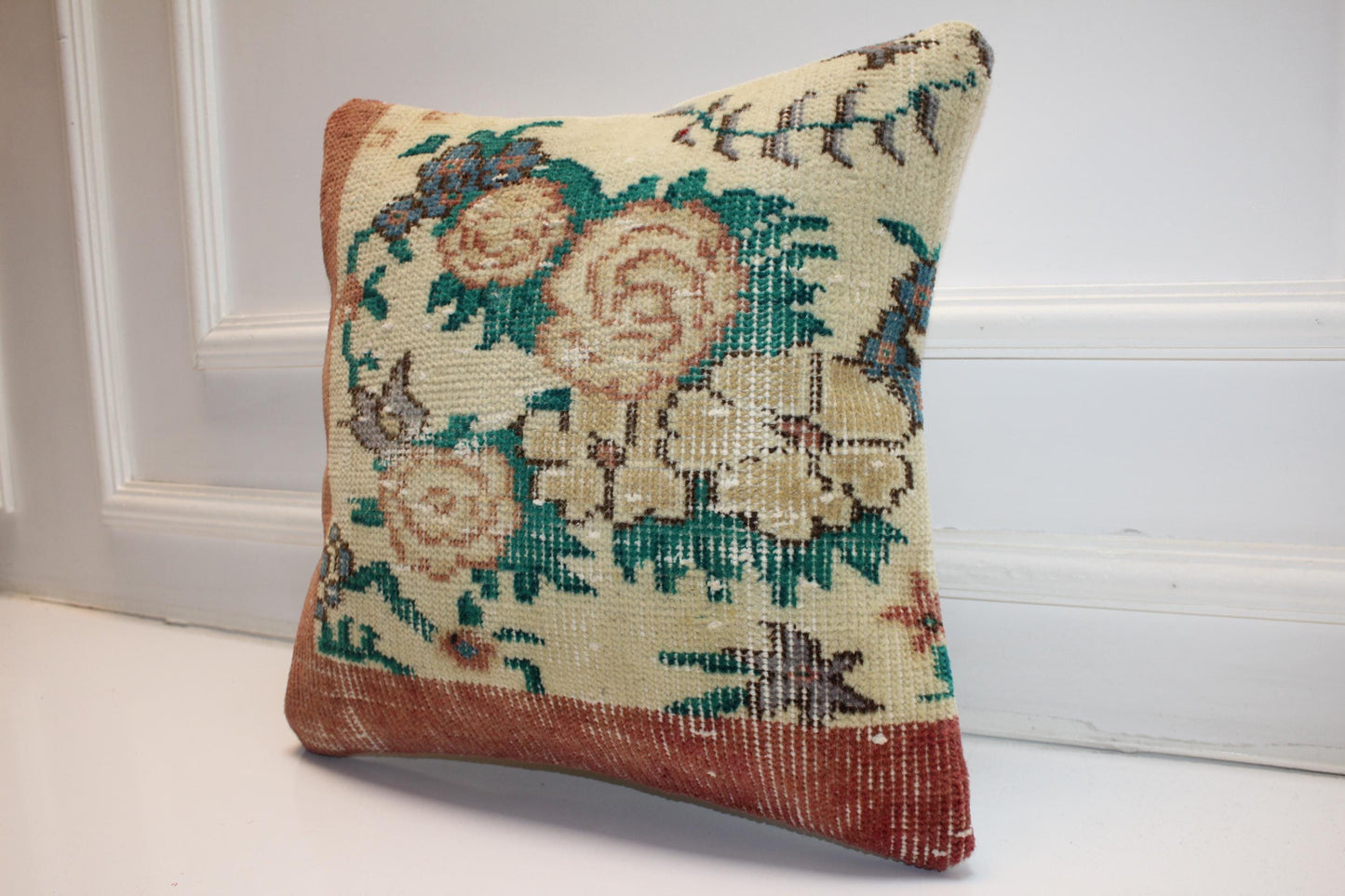 Rose Garden Heritage Textile Pillow 16x16 Cream & Terracotta Woven Floral Accent Vintage Inspired Cushion