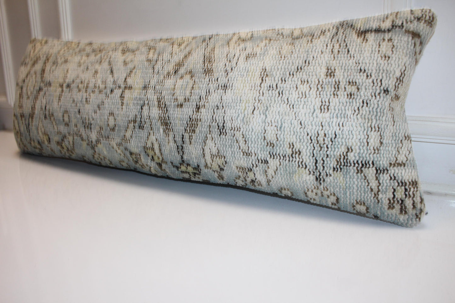 Soft Desert Geometric Textile Lumbar Pillow 12x36 Cream & Taupe Woven Accent Long Bench Cushion
