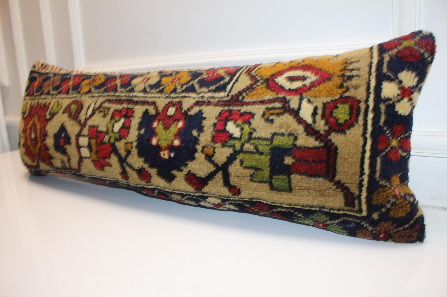 Vintage Tapestry Heritage Textile Lumbar Pillow 12x36 Sand & Navy Woven Statement Long Bench Cushion