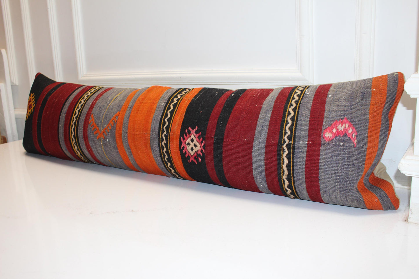 Handwoven Kilim Lumbar Pillow Cover, Striped Tribal Cushion, 12x48