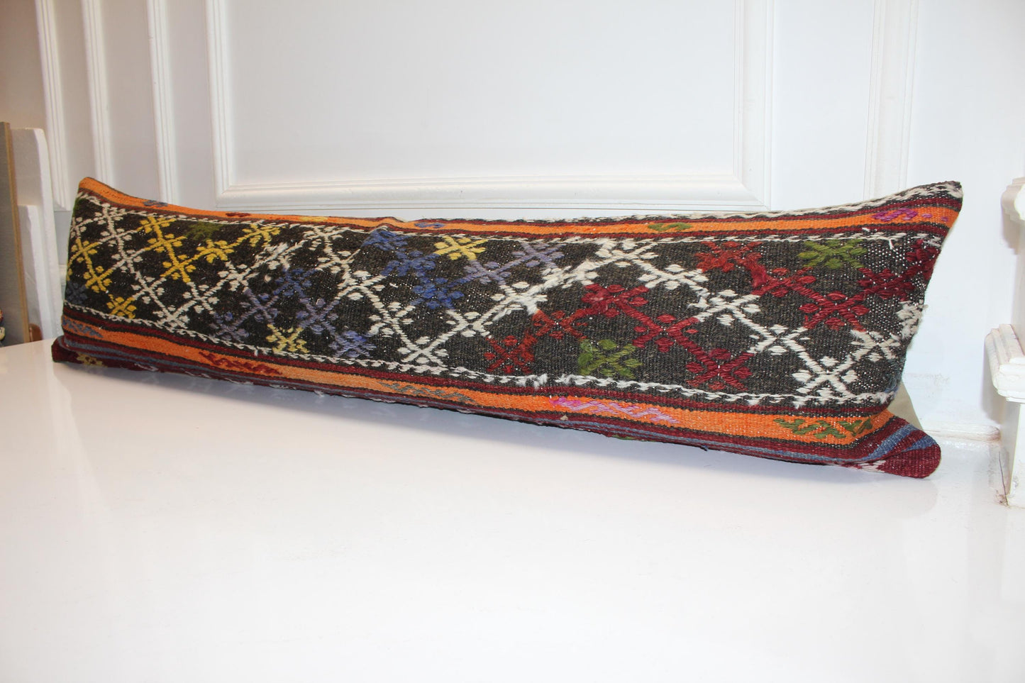 Handmade Kilim Lumbar Pillow Cover, Ethnic Diamond Bench Cushion, 12x48
