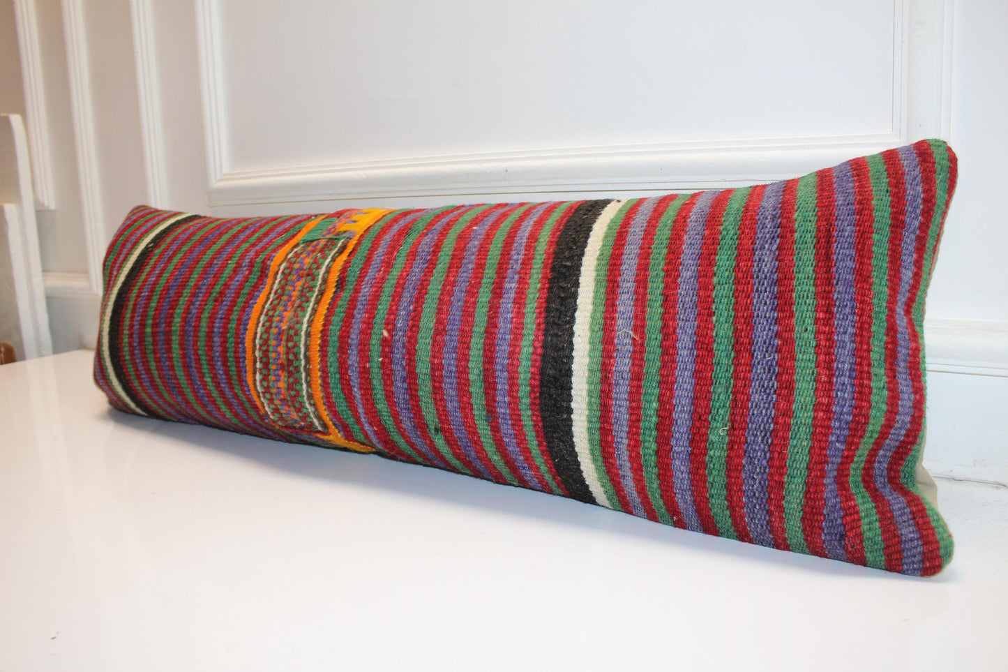 Handmade Kilim Lumbar Pillow Cover: Upcycled Turkish Rug, Bold Stripes 12x36 Inch