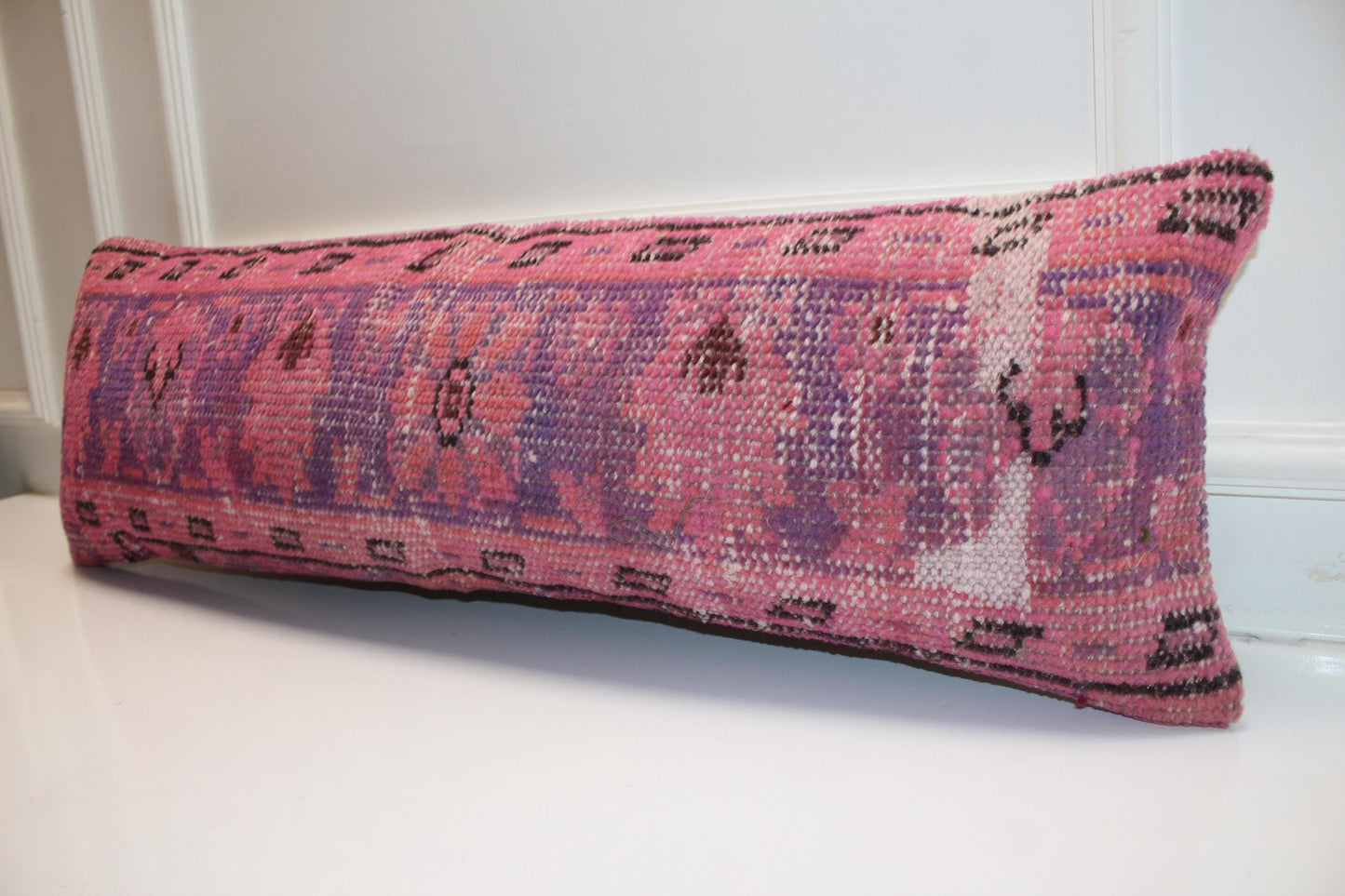 Turkish Rug Bench Pillow 12x36 Inch Vibrant Pink Anatolian Lumbar Cushion for Eclectic Designer