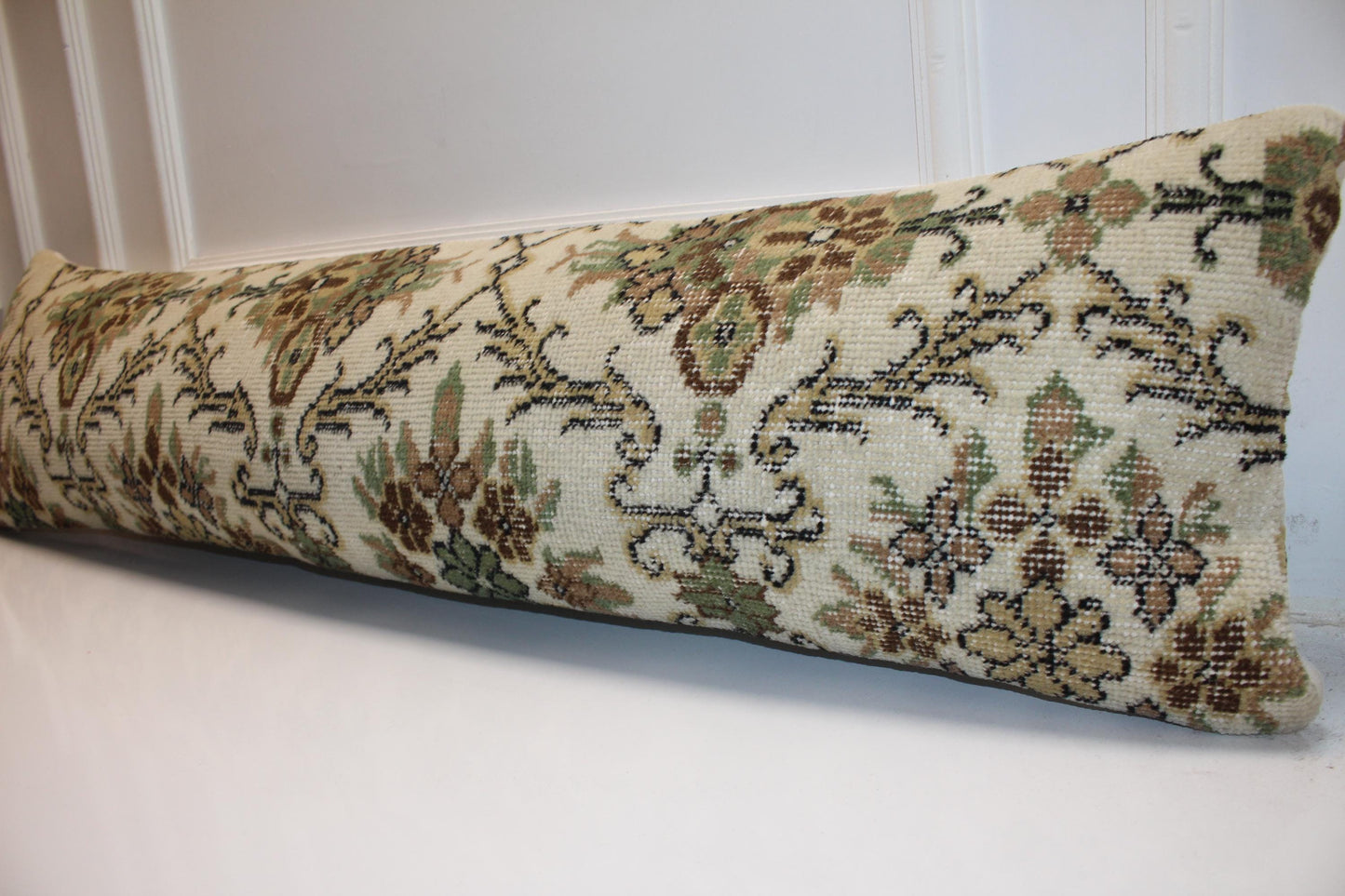 Turkish Rug Bench Pillow 12x48 Inch Ivory & Sage Botanical Lumbar Cushion for Elegant Classic