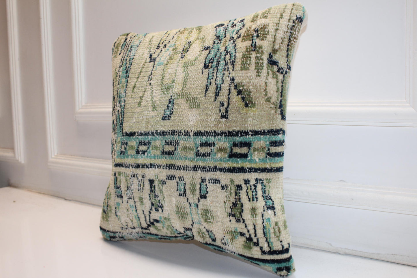 Handmade Kilim Pillow Cover: Sage Green, Aqua Boho Throw Cushion (16x16 in)