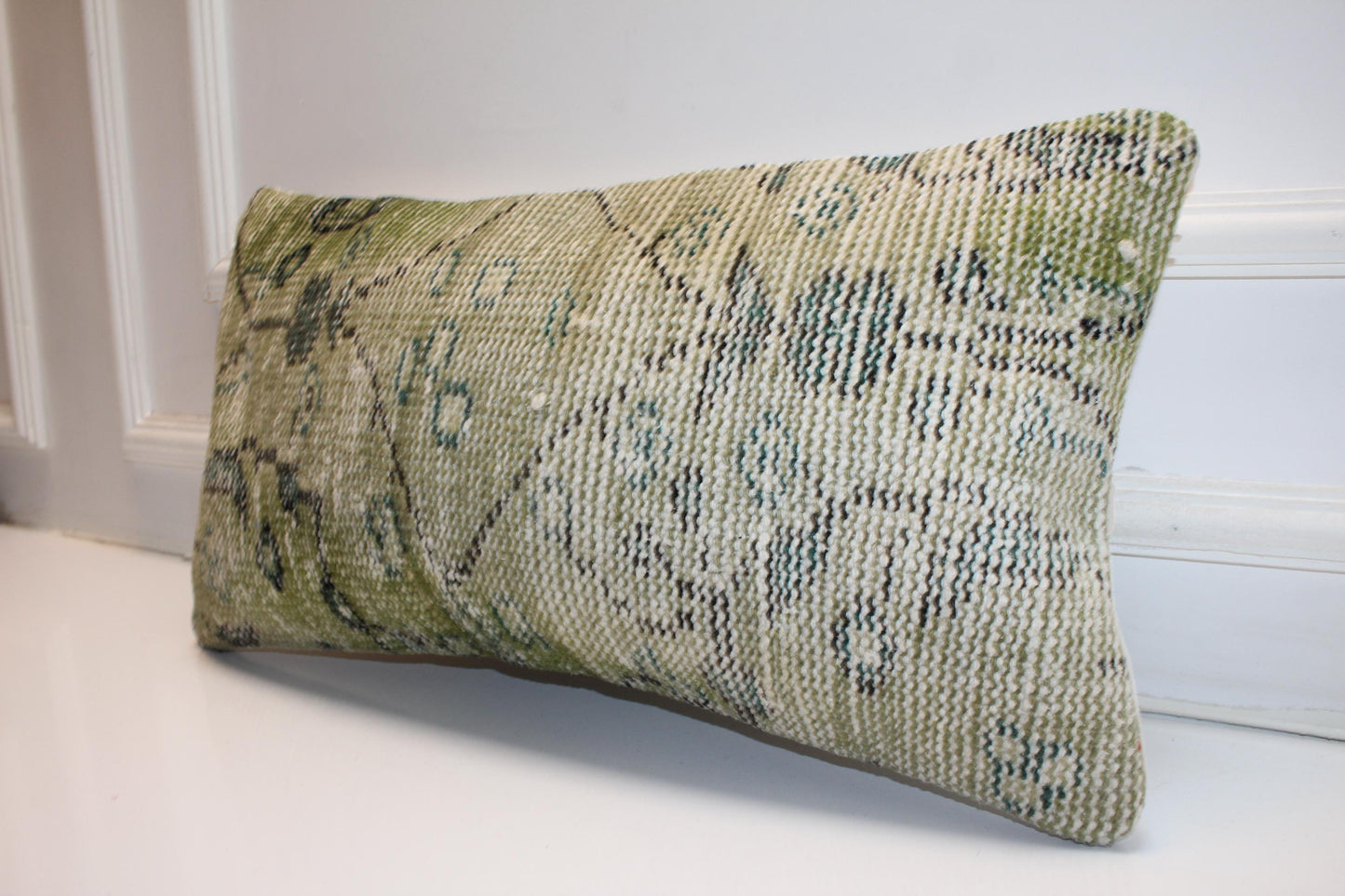 Turkish Kilim Lumbar Pillow 12x24 Green Handwoven Rug Cushion Cover