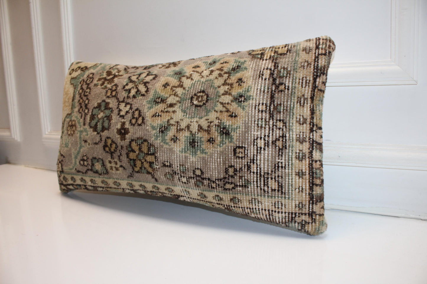 Turkish Kilim Lumbar Pillow 12x24 Beige Mint Floral Handwoven Rug Cushion Cover