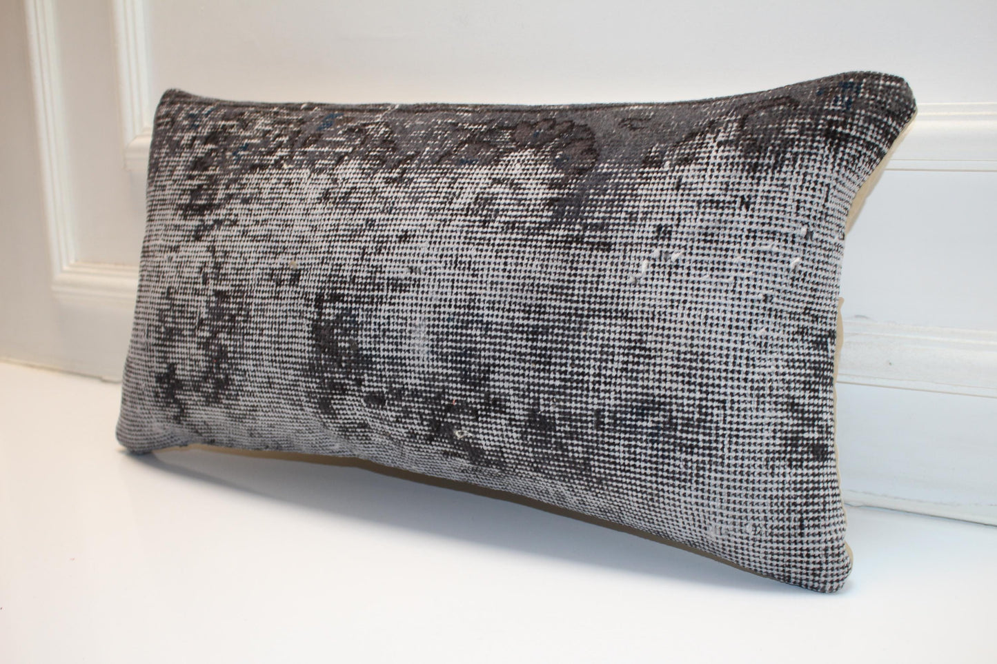 Turkish Kilim Lumbar Pillow 12x24 Grey Black Handwoven Rug Cushion Cover Modern Neutral
